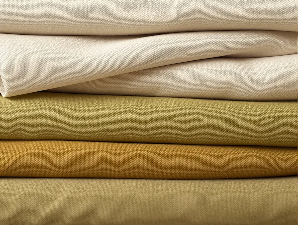 Stack of certified OEKO-TEX linen and chenille fabric rolls in warm neutral tones