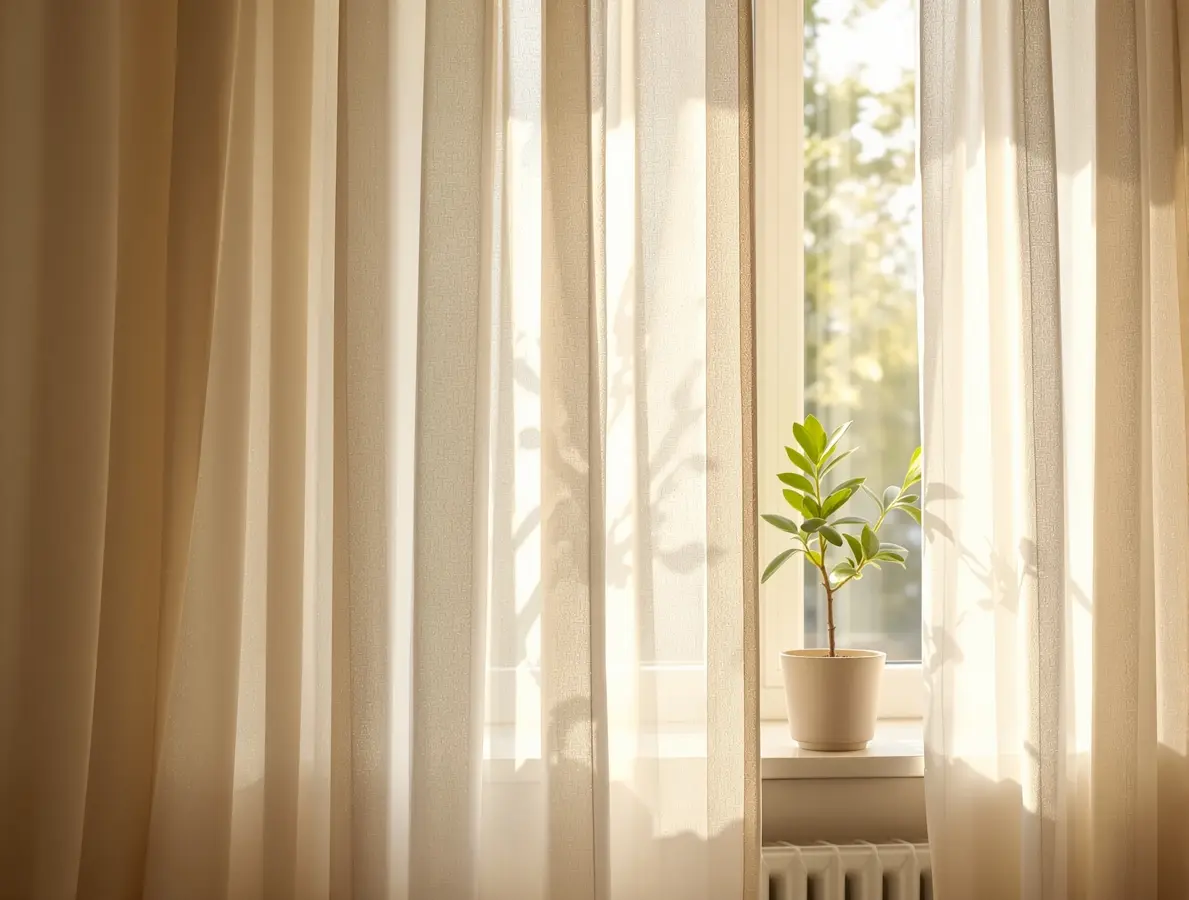 Soft sunlight through sustainable natural linen curtains in a serene home