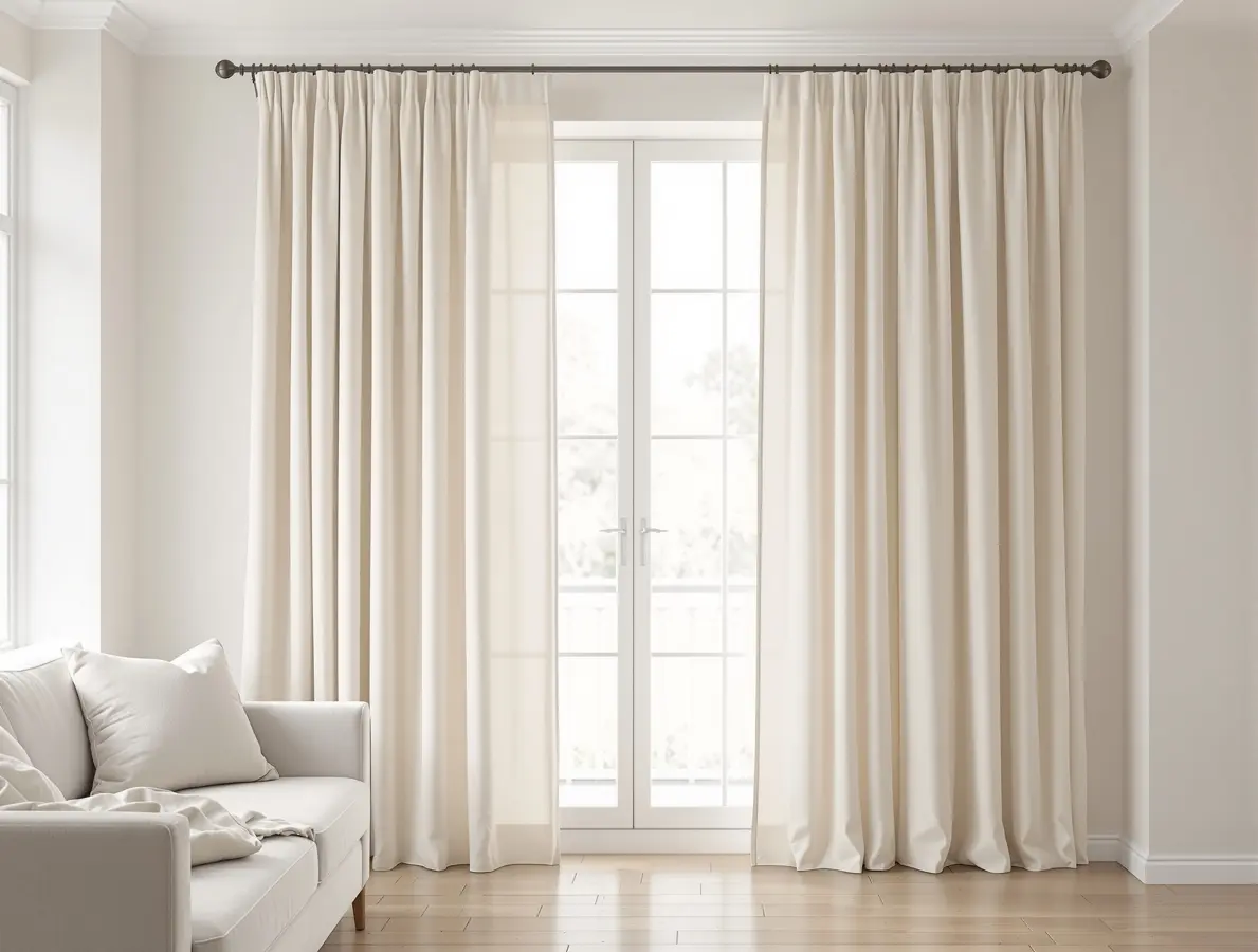 Tailored made-to-measure cream linen curtains in a bright minimal living room